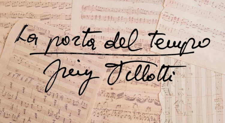 Matteo De Angelis, trombettista in “La porta del tempo”: elaborazione grafica del titolo scritto a mano da Jimmy Villotti su sfondo di spartiti
