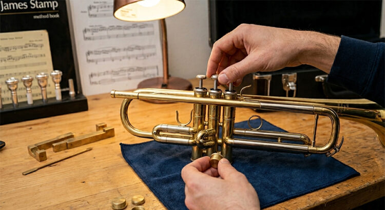 Hand adjusting the threaded components of a trumpet for professional trumpet alignment.